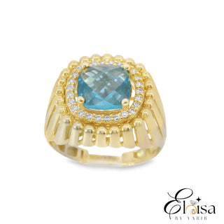 14Kt Round Square Light Blue Ring