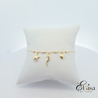 14K Thin Bracelet with the lucky horn, star, and heart