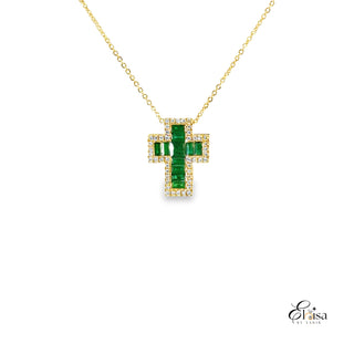 14K Emerald Block Cross Diamond Necklace