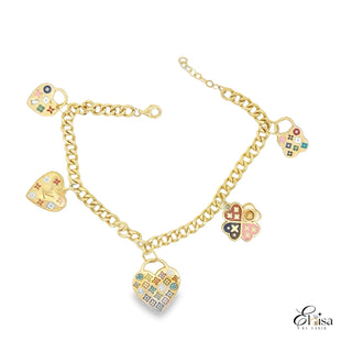 14Kt Hollow Curb Link With Dangling Charms  With Enamel