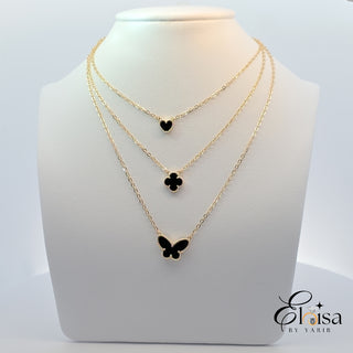 14Kt Black  Three in One Necklace  Heart, Flower and Butterfly