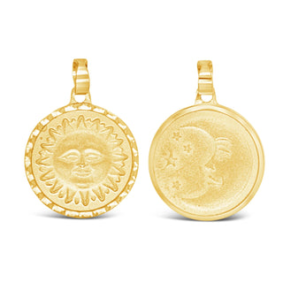 14Kt Yellow Gold Two Sided Moon & Sun Round Solid Pendant