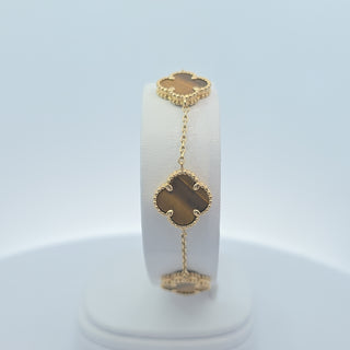 14Kt Tiger Eye Three Clover 13.5MM Bracelet