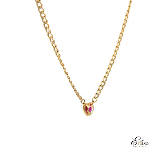 14Kt Semi Solid Curb with Red Heart Necklace