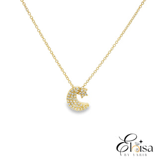 14Kt Pave Moon and Star Diamond Necklace