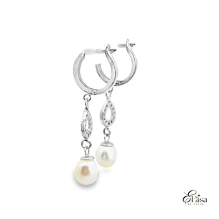 14Kt White Gold Huggies with Diamond Tears and Pearls
