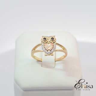 14Kt Owl With Black Eyes Ring
