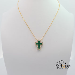14K Emerald Block Cross Diamond Necklace