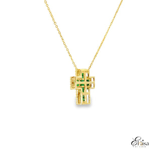 14K Emerald Block Cross Diamond Necklace