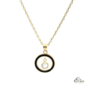 14Kt Open Black Enamel Circle with Floating Zirconia Necklace