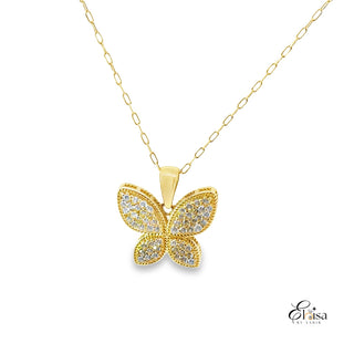 14Kt Butterfly 3D with Baby Paper Clip Chain Necklace