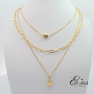 14Kt Three in One Heart, Paper Clip and Lock Necklace