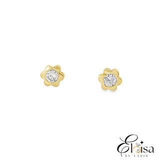 14K Six Petal Flower With Cz Center Screwback Earring