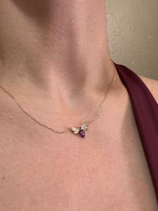 14Kt Small Bee Ruby & Sapphire with Diamond Wings Necklace
