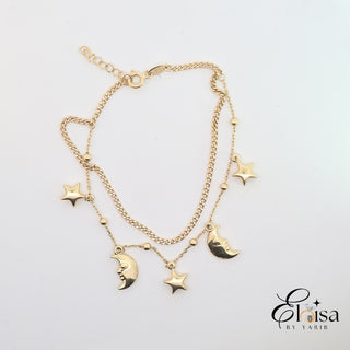 14Kt Doble Chain Bracelet with Dangling Star and Moon