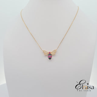14Kt Small Bee Ruby & Sapphire with Diamond Wings Necklace