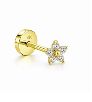 14K Cartilage Piercing: Mini Pave Cubic Zirconia (CZ) Flower With 8mm Tube.