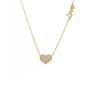 14Kt Heart Single Pave Diamond and Love Necklace