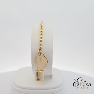 14Kt Stretchy Bracelet with  Dangling Heart and Lock