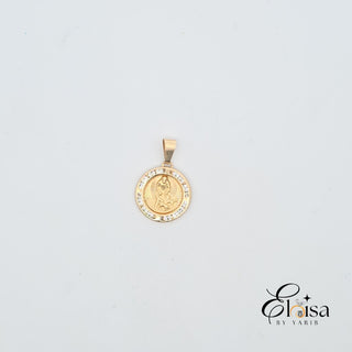 14Kt Round Medal San Lazaro with Cz Bezel Pendant