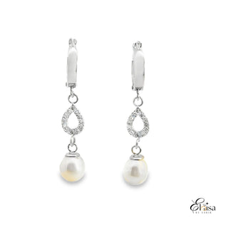 14Kt White Gold Huggies with Diamond Tears and Pearls