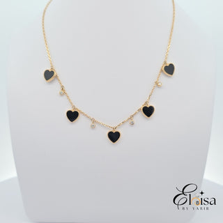 14Kt Dangling Black Heart and Diamond Bezel Necklace