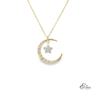 14Kt Moon with Dangling White Gold Star Necklace