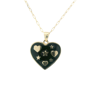 14Kt Black Heart with Design and Paper Clip Necklace